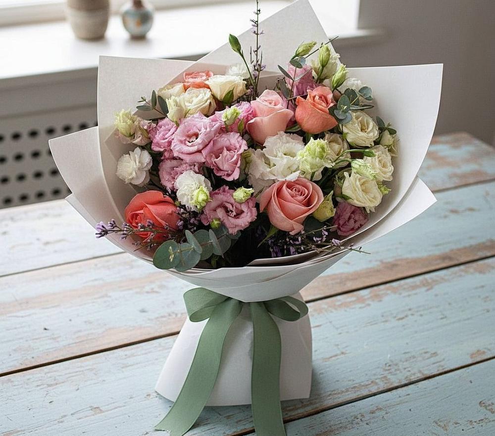 Букет цветов из: Розы, Лизиантусы и Гвоздики в Долматово