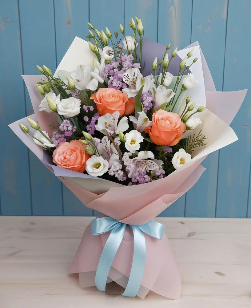Букет цветов из: Лизиантусы, Розы, Альстромерии и Гипсофила в Долматово